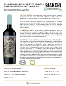 2022 Bianchi Cabernet Sauvignon, Made with Organic Grapes – Fact Sheet