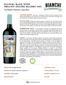 2022 Bianchi Malbec, Made with Organic Grapes – Fact Sheet
