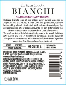 Oasis Sur Cabernet Sauvignon – Back Label – Non-Vintage