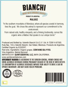 Bianchi Malbec, Made with Organic Grapes – Back Label – Non-Vintage