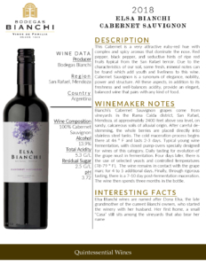 2018 Elsa Bianchi Cabernet Sauvignon – Fact Sheet