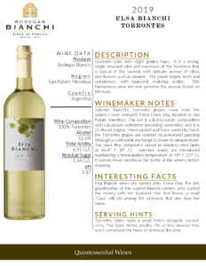 2019 Elsa Bianchi Torrontés – Fact Sheet