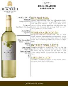 2021 Elsa Bianchi Torrontés – Fact Sheet