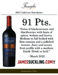 2020 Famiglia Bianchi Cabernet Sauvignon – 91 points, James Suckling – Accolade Sell Sheet