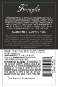 Famiglia Bianchi Cabernet Sauvignon – Back Label – Non-Vintage