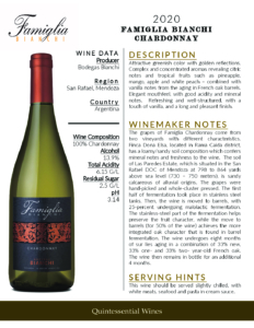 2020 Famiglia Bianchi Chardonnay – Fact Sheet