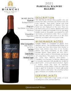 2021 Famiglia Bianchi Malbec – Fact Sheet