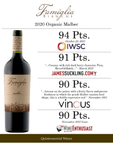 2020 Famiglia Bianchi Malbec, Made with Organic Grapes – Accolades Sell Sheet