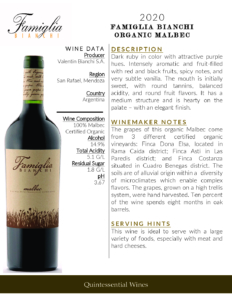 2020 Famiglia Bianchi Malbec, Made with Organic Grapes – Fact Sheet