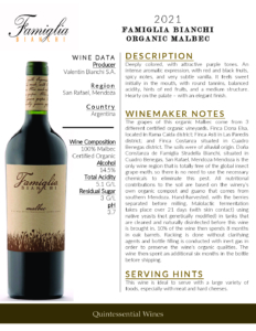 2021 Famiglia Bianchi Malbec, Made with Organic Grapes – Fact Sheet