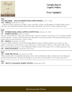 Famiglia Bianchi Malbec, Made with Organic Grapes – Press Highlights
