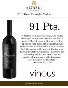 2018 Gran Famiglia Bianchi Malbec – 91 points, Vinous – Accolade Sell Sheet