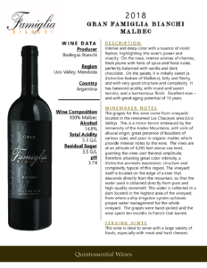 2018 Gran Famiglia Bianchi Malbec – Fact Sheet