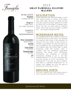 2019 Gran Famiglia Bianchi Malbec – Fact Sheet