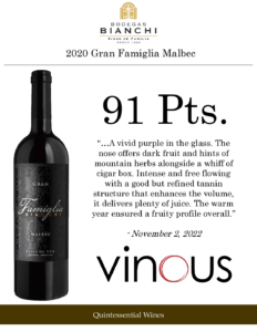 2020 Gran Famiglia Bianchi Malbec – 91 points, Vinous – Accolade Sell Sheet