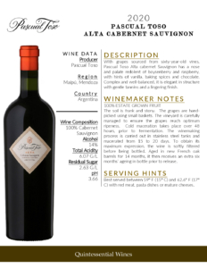 2020 Pascual Toso Alta Cabernet Sauvignon – Fact Sheet