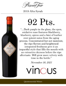 2019 Pascual Toso Alta Syrah – 92 points, Vinous – Acclaim Sell Sheet