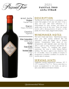 2021 Pascual Toso Alta Syrah – Fact Sheet