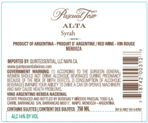 Pascual Toso Alta Syrah – Back Label – Non-Vintage