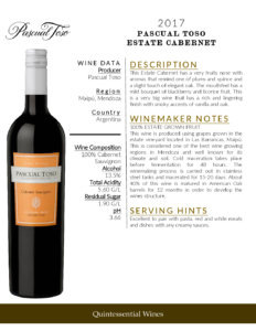 2017 Pascual Toso Estate Cabernet Sauvignon – Fact Sheet