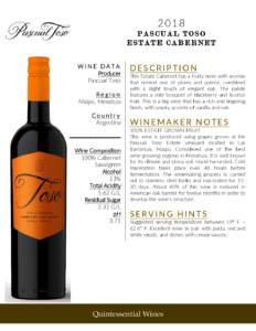 2018 Pascual Toso Estate Cabernet Sauvignon – Fact Sheet