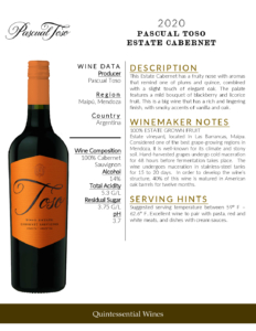 2020 Pascual Toso Estate Cabernet Sauvignon – Fact Sheet