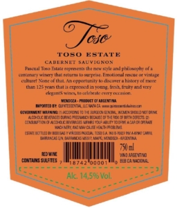 Pascual Toso Estate Cabernet Sauvignon – Back Label – Non-Vintage