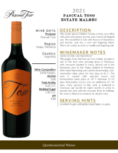 2021 Pascual Toso Estate Malbec – Fact Sheet