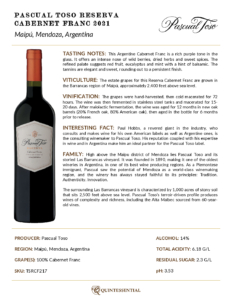 2021 Pascual Toso Reserva Cabernet Franc – Fact Sheet
