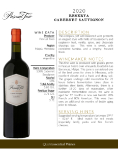 2020 Pascual Toso Reserva Cabernet Sauvignon – Fact Sheet