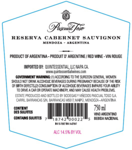 Pascual Toso Reserva Cabernet Sauvignon – Back Label – Non-Vintage