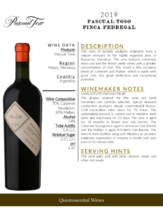 2019 Pascual Toso Ultra Premium Finca Pedregal – Fact Sheet