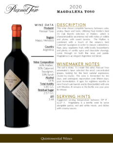 2020 Pascual Toso Ultra Premium Magdalena – Fact Sheet