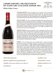 2021 André Brunel Châteauneuf-du-Pape Les Cailloux Rouge – Fact Sheet