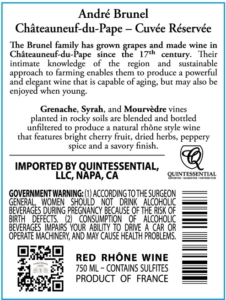 André Brunel Châteauneuf-du-Pape Cuvée Réservée – Back Label – Non-Vintage