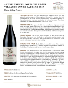 2019 André Brunel Côtes du Rhône Villages Cuvée Sabrine – Fact Sheet