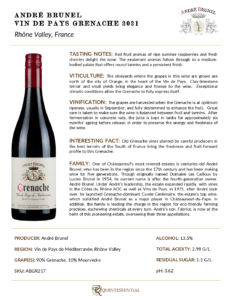 2021 André Brunel Vin de Pays Grenache – Fact Sheet
