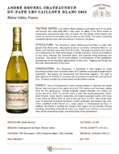 2022 André Brunel Châteauneuf-du-Pape Les Cailloux Blanc – Fact Sheet