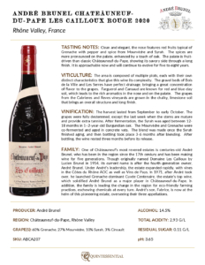 2020 André Brunel Châteauneuf-du-Pape Les Cailloux Rouge – Fact Sheet