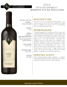 2016 Attilio Ghisolfi Barbera d’Alba Maggiora – Fact Sheet