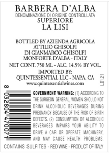 Attilio Ghisolfi Barbera d’Alba Superiore La Lisi – Back Label – Non-Vintage