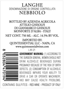 Attilio Ghisolfi Langhe Nebbiolo – Back Label – Non-Vintage
