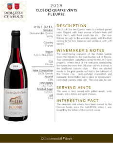 2018 Georges Duboeuf Clos des Quatre Vents Fleurie – Fact Sheet