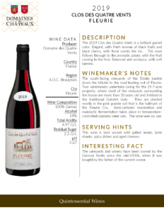 2019 Georges Duboeuf Clos des Quatre Vents Fleurie – Fact Sheet