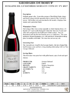 2017 Georges Duboeuf Domaine de Javerniére “Cote du Py” Morgon – Fact Sheet