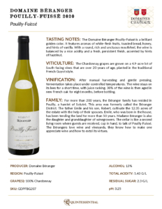 2020 Georges Duboeuf Domaine Béranger Pouilly Fuissé – Fact Sheet