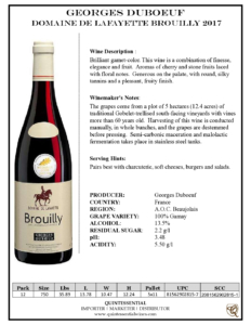 2017 Georges Duboeuf Domaine de Lafayette Brouilly – Fact Sheet