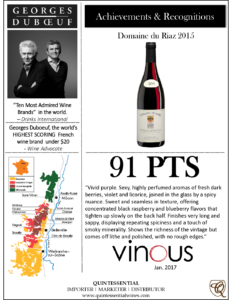 2015 Georges Duboeuf Domaine du Riaz Cote de Brouilly –  91 points, Vinous – Accolade Sell Sheet