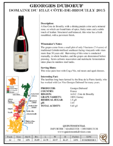 2015 Georges Duboeuf Domaine du Riaz Cote de Brouilly – Fact Sheet