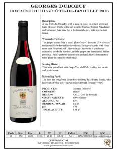 2016 Georges Duboeuf Domaine du Riaz Cote de Brouilly – Fact Sheet